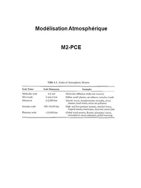 Modélisation Atmosphérique M2-PCE. Processus atmosphériques proc. dynamiques vent 3D, pression et densité de l’air, turbulence proc. thermodynamiques.