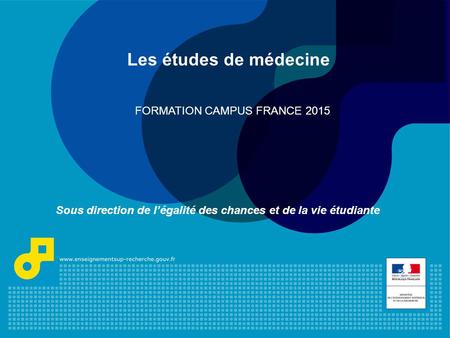 Les études de médecine Sous direction de l’égalité des chances et de la vie étudiante FORMATION CAMPUS FRANCE 2015.