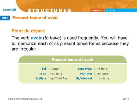 © and ® 2011 Vista Higher Learning, Inc.2B.1-1 Point de départ The verb avoir (to have) is used frequently. You will have to memorize each of its present.