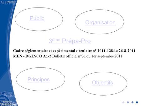 3 ème Prépa-Pro Public Organisation Principes Objectifs Cadre réglementaire et expérimental circulaire n° 2011-128 du 26-8-2011 MEN - DGESCO A1-2 Bulletin.