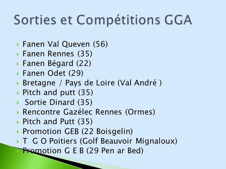  Fanen Val Queven (56)  Fanen Rennes (35)  Fanen Bégard (22)  Fanen Odet (29)  Bretagne / Pays de Loire (Val André )  Pitch and putt (35)  Sortie.