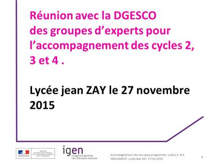 Réunion avec la DGESCO des groupes d’experts pour l’accompagnement des cycles 2, 3 et 4 . Lycée jean ZAY le 27 novembre 2015 1.