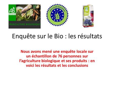 Enquête sur le Bio : les résultats Nous avons mené une enquête locale sur un échantillon de 76 personnes sur lagriculture biologique et ses produits :