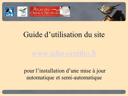 Click to edit Master title style 1 Guide dutilisation du site www.atlas-ornitho.fr pour linstallation dune mise à jour automatique et semi-automatique.