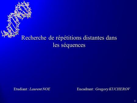 1 Recherche de répétitions distantes dans les séquences Etudiant : Laurent NOE Encadrant : Gregory KUCHEROV.