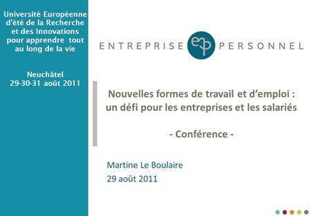 1 Nouvelles formes de travail et demploi : un défi pour les entreprises et les salariés - Conférence - Martine Le Boulaire 29 août 2011 Université Européenne.