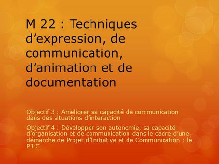 M 22 : Techniques d’expression, de communication, d’animation et de documentation Objectif 3 : Améliorer sa capacité de communication dans des situations.