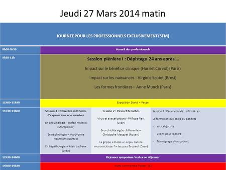 Jeudi 27 Mars 2014 matin JOURNEE POUR LES PROFESSIONNELS EXCLUSIVEMENT (SFM) 8h00-9h30 Accueil des professionnels 9h30-11h Session plénière I : Dépistage.