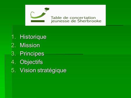 1.Historique 2.Mission 3.Principes 4.Objectifs 5.Vision stratégique.