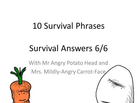 10 Survival Phrases Survival Answers 6/6 With Mr Angry Potato Head and Mrs. Mildly-Angry Carrot-Face.