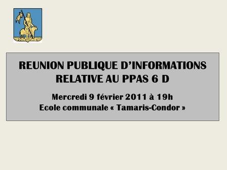 REUNION PUBLIQUE DINFORMATIONS RELATIVE AU PPAS 6 D Mercredi 9 février 2011 à 19h Ecole communale « Tamaris-Condor »