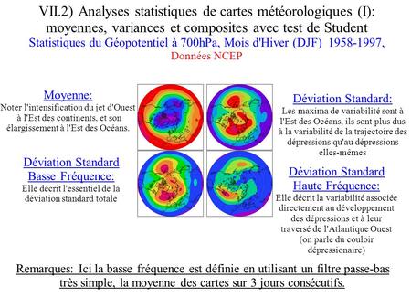 VII.2) Analyses statistiques de cartes météorologiques (I): moyennes, variances et composites avec test de Student Statistiques du Géopotentiel à 700hPa,