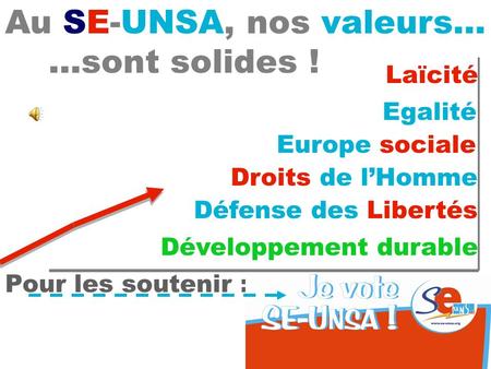 Laïcité Au SE-UNSA, nos valeurs… …sont solides ! Egalité Europe sociale Droits de lHomme Développement durable Défense des Libertés Pour les soutenir :