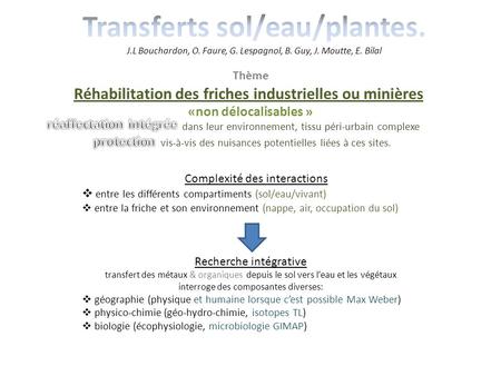 Transferts sol/eau/plantes. J. L Bouchardon, O. Faure, G. Lespagnol, B
