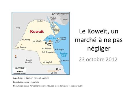 Le Koweït, un marché à ne pas négliger 23 octobre 2012 Superficie : 17 820 km 2 (littoral: 195 km) Population totale : 3.44 Mio Population active Koweitienne.