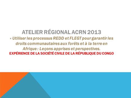 ATELIER RÉGIONAL ACRN 2013 « Utiliser les processus REDD et FLEGT pour garantir les droits communautaires aux forêts et à la terre en Afrique : Leçons.