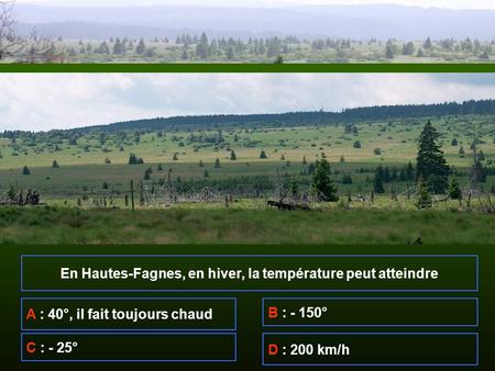 En Hautes-Fagnes, en hiver, la température peut atteindre A : 40°, il fait toujours chaud B : - 150° C : - 25° D : 200 km/h.