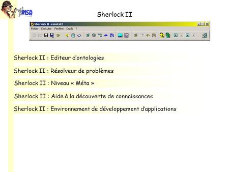 Sherlock II Sherlock II : Environnement de développement dapplications Sherlock II : Editeur dontologies Sherlock II : Aide à la découverte de connaissances.