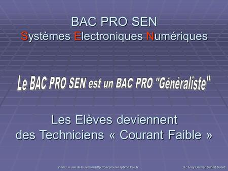BAC PRO SEN Systèmes Electroniques Numériques Les Elèves deviennent des Techniciens « Courant Faible » LP Tony Garnier Gilbert Suard VVVV iiii ssss iiii.