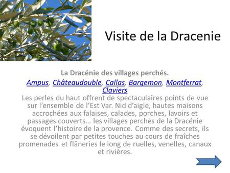 Visite de la Dracenie La Dracénie des villages perchés. AmpusAmpus, Châteaudouble, Callas, Bargemon, Montferrat, Claviers Les perles du haut offrent de.
