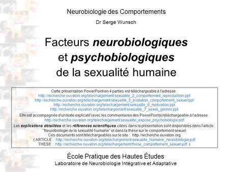 D1 : Introduction 1 : Titre Neurobiologie des Comportements Dr Serge Wunsch Facteurs neurobiologiques et psychobiologiques de la sexualité humaine École.
