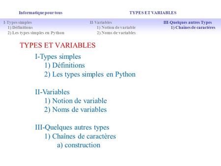 2) Les types simples en Python II-Variables 1) Notion de variable