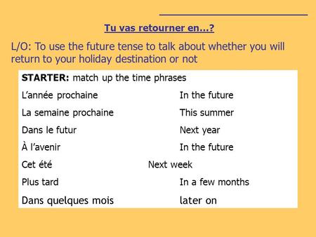 ________________________ Tu vas retourner en…? L/O: To use the future tense to talk about whether you will return to your holiday destination or not STARTER: