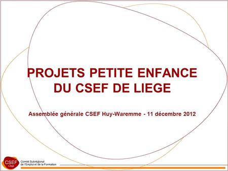 PROJETS PETITE ENFANCE DU CSEF DE LIEGE Assemblée générale CSEF Huy-Waremme - 11 décembre 2012.