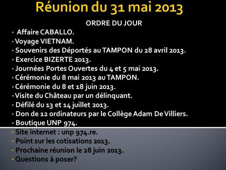 Réunion du 31 mai 2013 ORDRE DU JOUR Affaire CABALLO. Voyage VIETNAM.