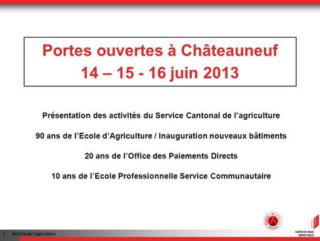 1 Service de lagriculture Portes ouvertes à Châteauneuf 14 – 15 - 16 juin 2013 Présentation des activités du Service Cantonal de lagriculture 90 ans de.