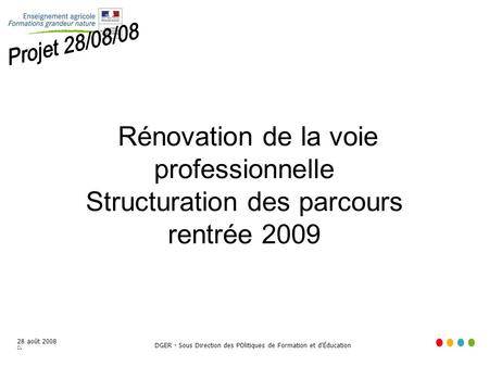 DGER - Sous Direction des POlitiques de Formation et dÉducation 28 août 2008 CL Rénovation de la voie professionnelle Structuration des parcours rentrée.