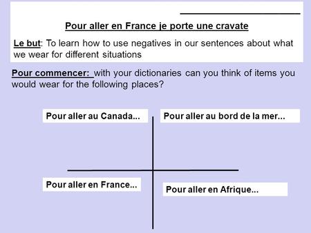 _______________________ Pour aller en France je porte une cravate Le but : To learn how to use negatives in our sentences about what we wear for different.
