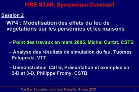 Fire Star Symposium conclusif, Marseille 18 mars 2005 1 FIRE STAR, Symposium Conclusif Session 2 WP4 : Modélisation des effets du feu de végétations sur.