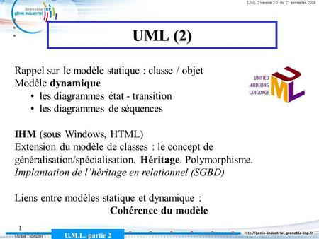 UML (2) Rappel sur le modèle statique : classe / objet