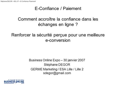 Stéphane DEGOR – BOL 07 – E-Confiance / Paiement