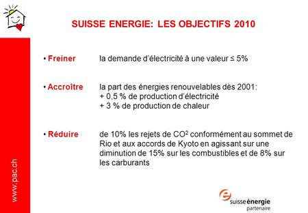 SUISSE ENERGIE: LES OBJECTIFS 2010