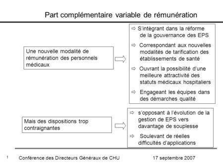 Part complémentaire variable de rémunération Conférence des Directeurs Généraux de CHU 17 septembre 2007 1 Une nouvelle modalité de rémunération des personnels.