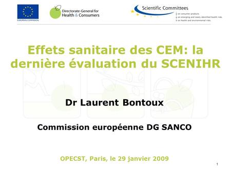 1 Effets sanitaire des CEM: la dernière évaluation du SCENIHR Dr Laurent Bontoux Commission européenne DG SANCO OPECST, Paris, le 29 janvier 2009.
