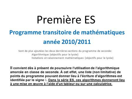 Programme transitoire de mathématiques année 2010/2011