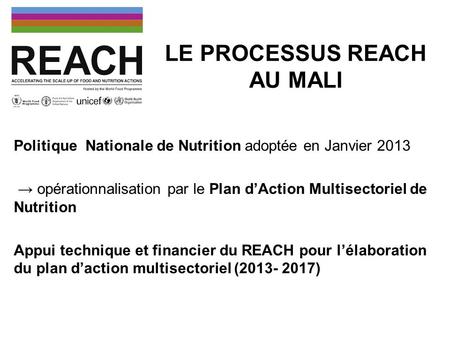 LE PROCESSUS REACH AU MALI Politique Nationale de Nutrition adoptée en Janvier 2013 opérationnalisation par le Plan dAction Multisectoriel de Nutrition.
