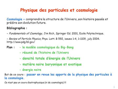 Physique des particules et cosmologie
