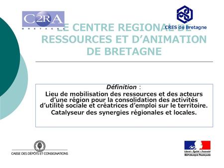 LE CENTRE REGIONAL DE RESSOURCES ET DANIMATION DE BRETAGNE Définition : Lieu de mobilisation des ressources et des acteurs dune région pour la consolidation.