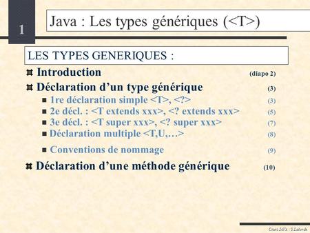 1 Cours JAVA / Y.Laborde Java : Les types génériques ( ) LES TYPES GENERIQUES : Introduction (diapo 2) Déclaration dun type générique (3) 1re déclaration.