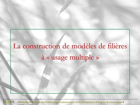 Méthode dAnalyse des Filières agro-alimentaires et de Simulation dImpact Economique METAφSIE La construction de modèles de filières à « usage multiple.