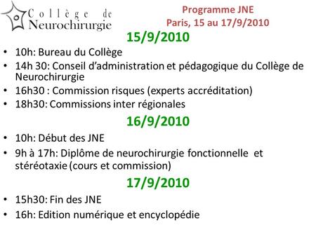 Programme JNE Paris, 15 au 17/9/2010
