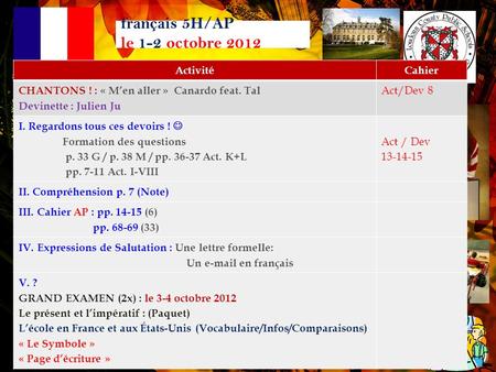 français 5H/AP le 1-2 octobre 2012 ActivitéCahier CHANTONS ! : « Men aller » Canardo feat. Tal Devinette : Julien Ju Act/Dev 8 I. Regardons tous ces devoirs.