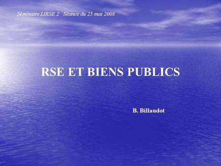 RSE ET BIENS PUBLICS Séminaire LIRSE 2 Séance du 25 mai 2008 B. Billaudot.