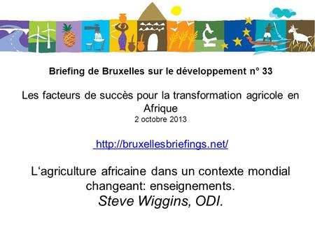 Briefing de Bruxelles sur le développement n° 33 Les facteurs de succès pour la transformation agricole en Afrique 2 octobre 2013