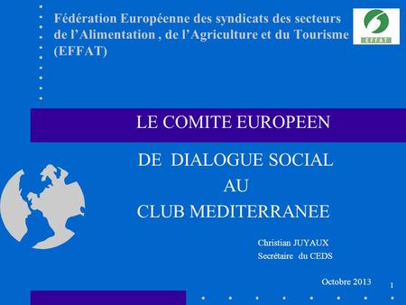 Fédération Européenne des syndicats des secteurs de lAlimentation, de lAgriculture et du Tourisme (EFFAT) LE COMITE EUROPEEN DE DIALOGUE SOCIAL AU CLUB.