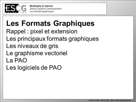1 Multimédia & Internet 2èmes Gestion/Communication Les formats graphiques David Crunelle – ESCG 2009 - 2010 – www.navalorama.be Les Formats Graphiques.